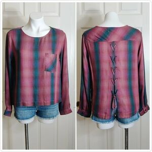 Anthropologie Cloth & Stone plaid tie back long sleeve top sz M